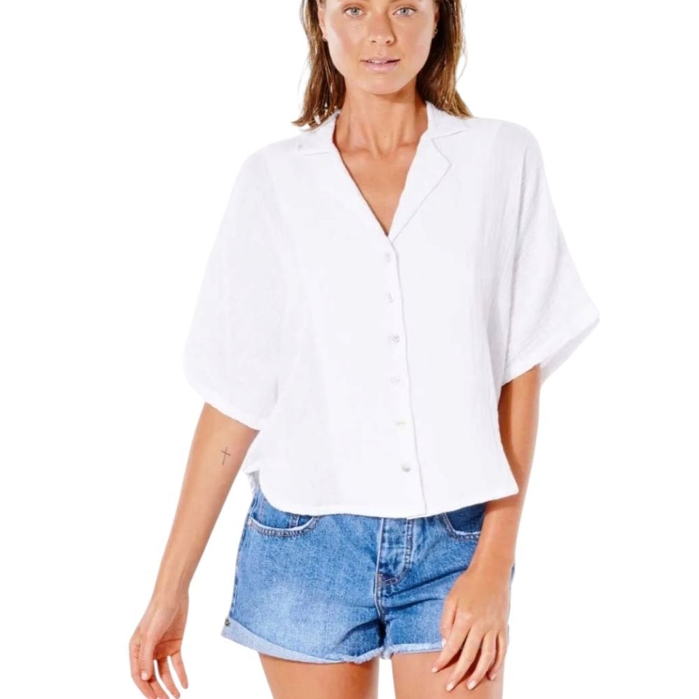 Rip Curl White Textured Blouse Premium Surf Cotton GauzeButton Up‎ Shirt S